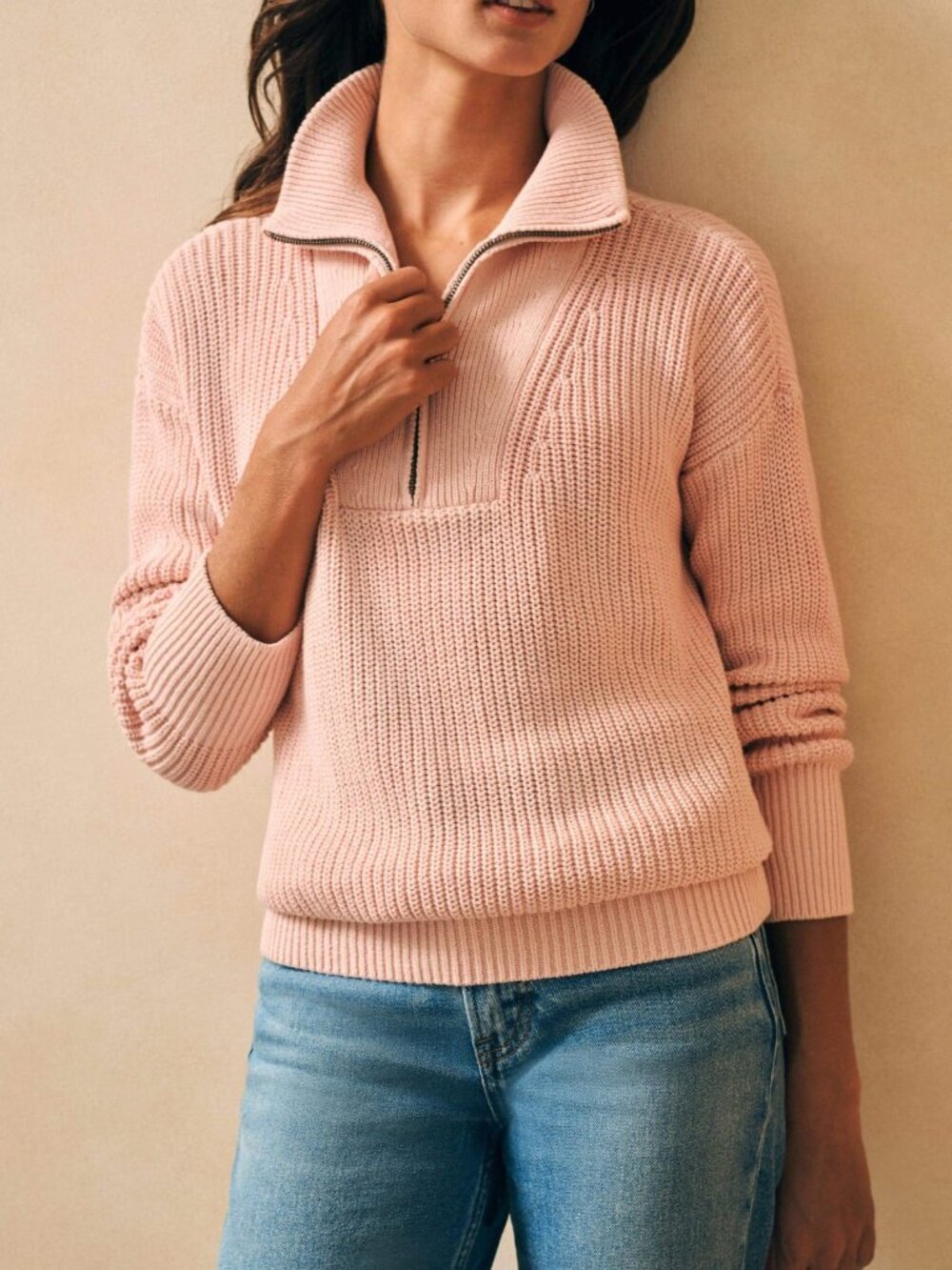 Faherty Sunwashed Mariner Organic Cotton Quarter Zip Sweater XXL Pink Peach Whip